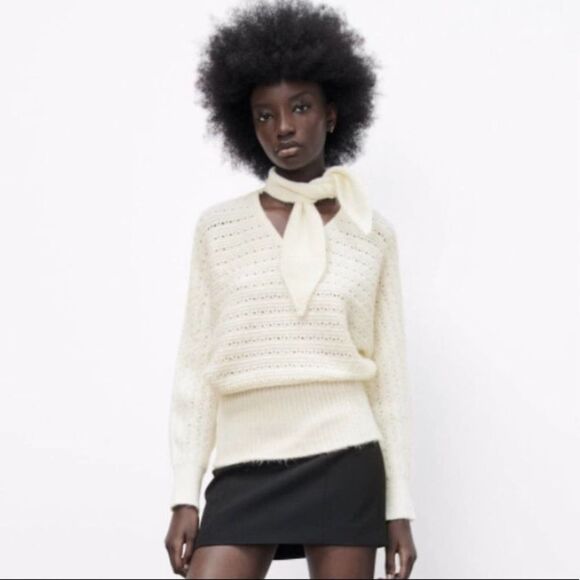 Zara NWT Bow Collar Knit Sweater White Cream Chunky Size S - Picture 6 of 15